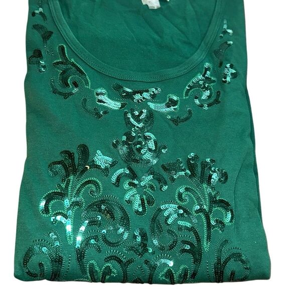 Quacker Factory Womens 3X T Shirt Green Abstract Sequin Design 3/4 Sleeves NWT - Picture 1 of 4